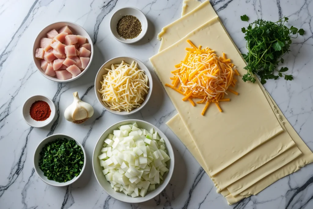 Flat lay of chicken and cheese ingredients