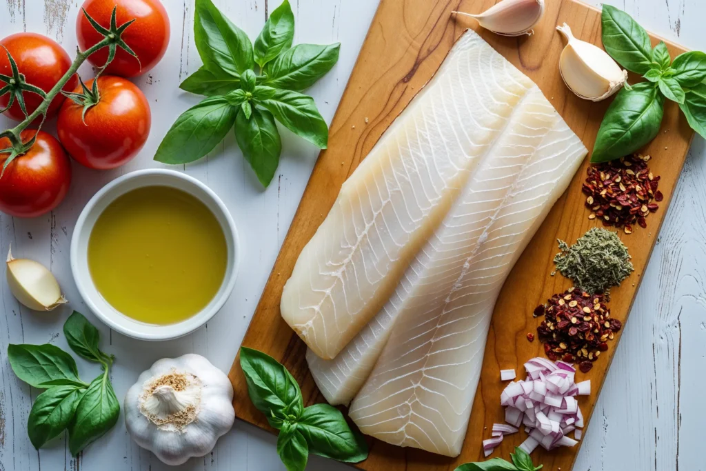 Key ingredients for halibut marinara sauce