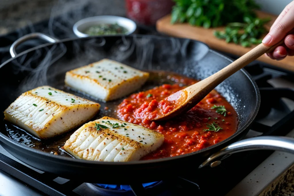 Cooking halibut marinara sauce process