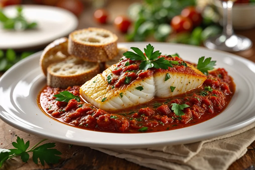 Halibut marinara sauce on a plate
