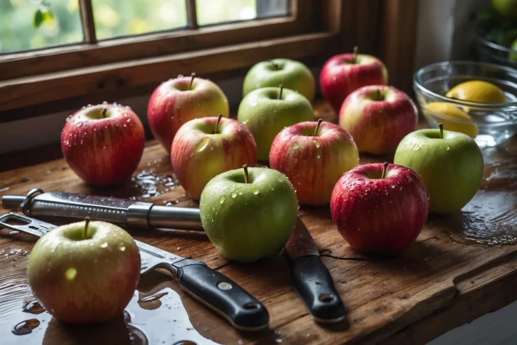 Fresh apples and tools