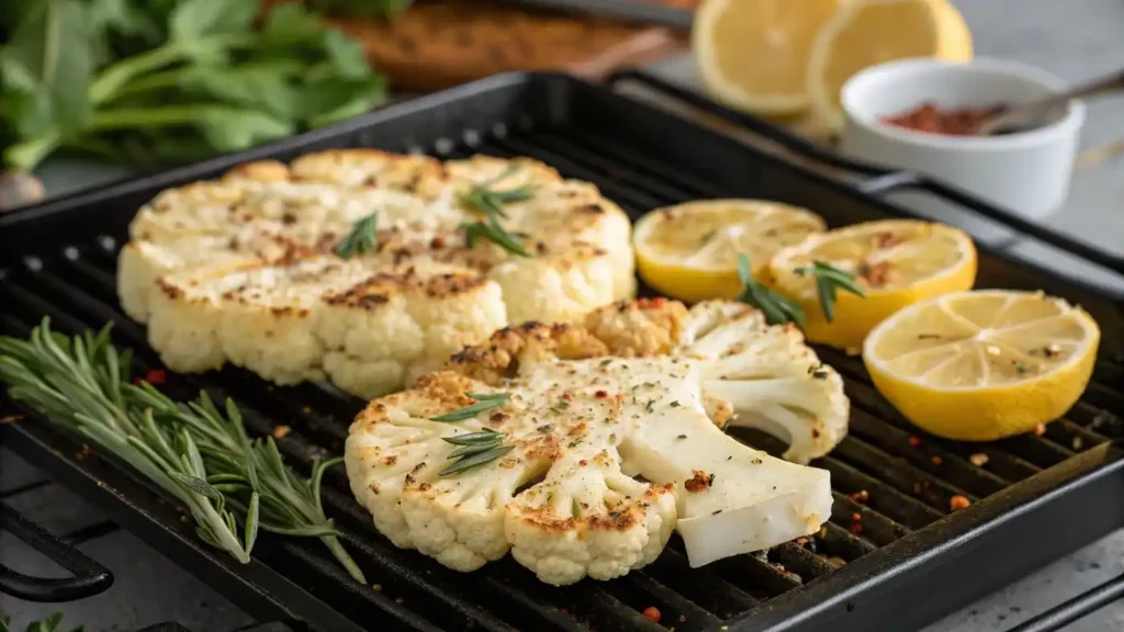 Smoked cauliflower steaks with seasoning and smoke from pellet smoker.